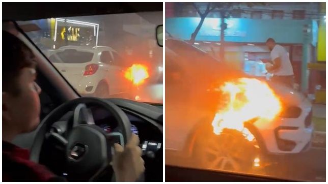 Carro pega fogo e vídeo mostra motorista em total aflição neste domingo à noite na Zona Leste de Manaus