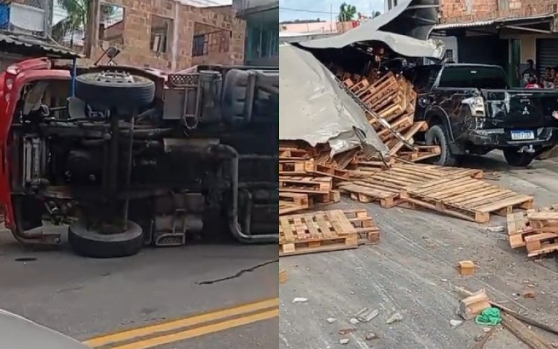Caminhão com pallets tomba e causa prejuízos a veículos na zona leste de Manaus