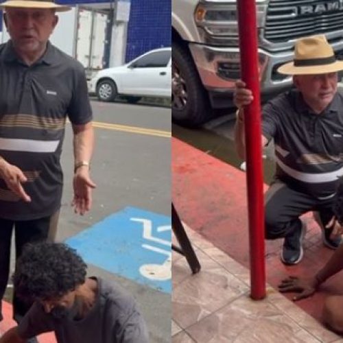 ANTÔNIO ZACARIAS CHORA AO AJUDAR HOMEM QUE SE LOCOMOVE ARRASTANDO O PRÓPRIO CORPO PELO CHÃO NAS RUAS CENTRAIS DE MANAUS.