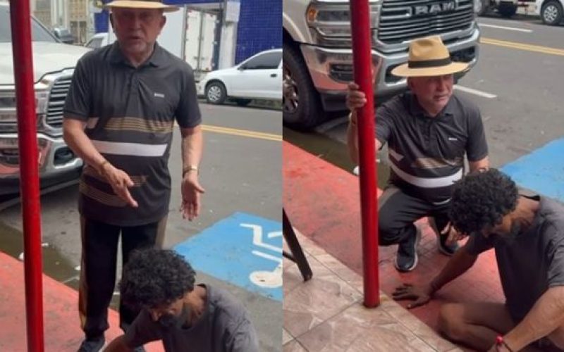 ANTÔNIO ZACARIAS CHORA AO AJUDAR HOMEM QUE SE LOCOMOVE ARRASTANDO O PRÓPRIO CORPO PELO CHÃO NAS RUAS CENTRAIS DE MANAUS.