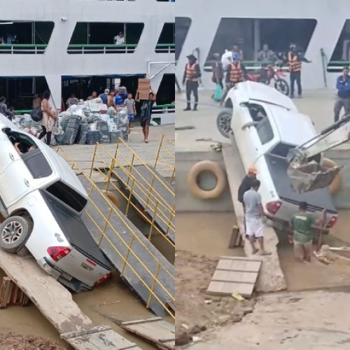 Motorista de picape tenta usar pranchas de madeira para embarcar e tudo dá errado no porto de Manicoré