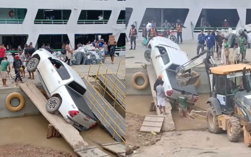 Motorista de picape tenta usar pranchas de madeira para embarcar e tudo dá errado no porto de Manicoré