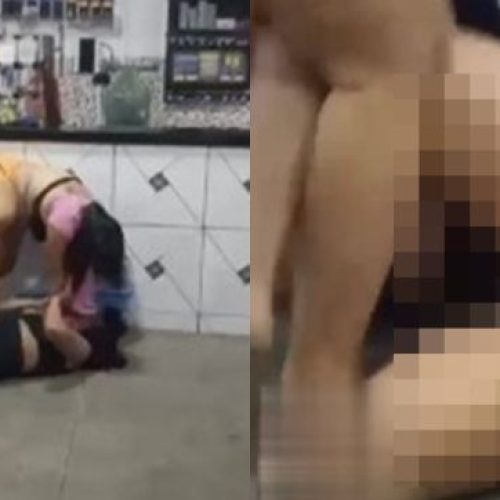 SÓ VENDO PARA CRER! Confusão entre duas mulheres em bar vira pancadaria com puxões de cabelo e cena constrangedora. VEJA VÍDEO