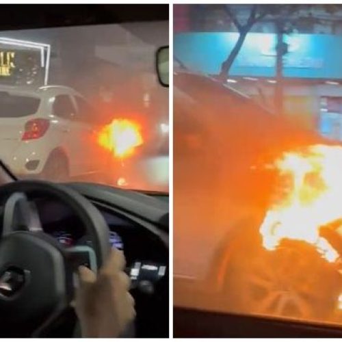 Carro pega fogo e vídeo mostra motorista em total aflição neste domingo à noite na Zona Leste de Manaus
