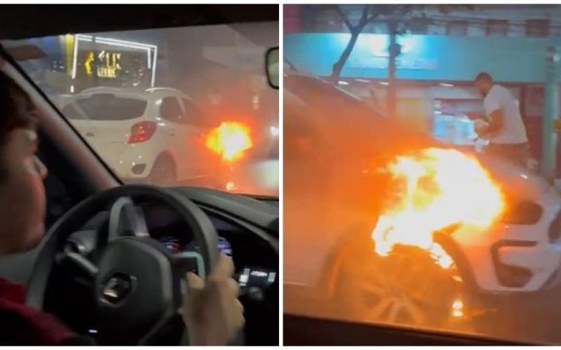 Carro pega fogo e vídeo mostra motorista em total aflição neste domingo à noite na Zona Leste de Manaus