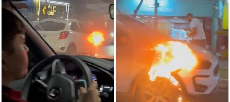 Carro pega fogo e vídeo mostra motorista em total aflição neste domingo à noite na Zona Leste de Manaus