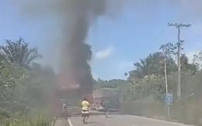 Carreta pega fogo, é destruída pelas chamas e causa bloqueio total na BR-174