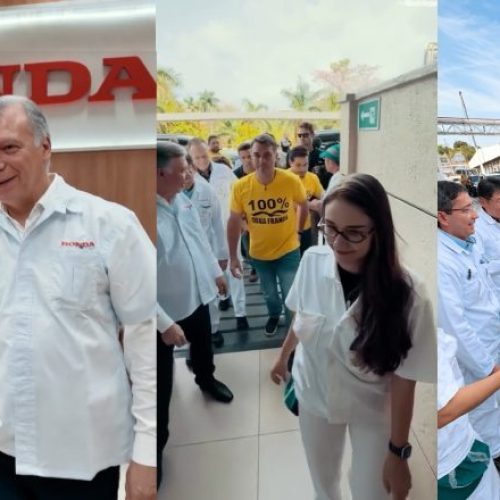 Com camisa ‘100% Zona Franca’, Flávio Bolsonaro defende desenvolvimento do modelo industrial de Manaus durante visita à fábrica da Honda